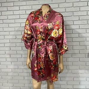Women's Floral Satin Kimono Short Robe‎ With Pockets